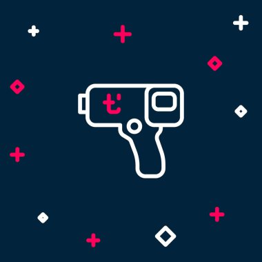 Mavi zemin üzerinde kızılötesi ışık ikonu olan çizgi dijital temassız termometre. Renkli taslak konsepti. Vektör