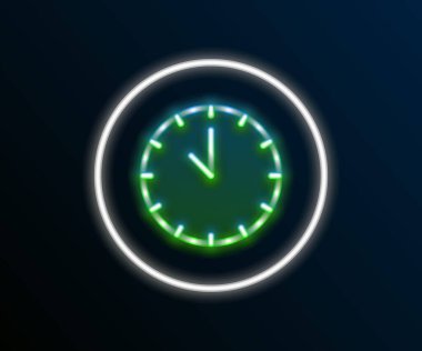 Parlayan neon çizgi saat simgesi siyah arkaplanda izole edildi. Zaman sembolü. Renkli taslak konsepti. Vektör