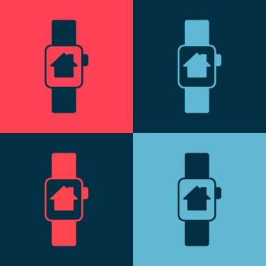 Pop Art Smart renkli arka planda izole edilmiş akıllı saat simgesine sahip bir ev. Uzaktan kumanda. Vektör.