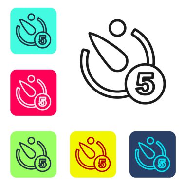 Siyah çizgi kamera zamanlayıcısı simgesi beyaz arkaplanda izole edildi. Fotoğrafa maruz kalma. Kronometre zamanlayıcısı 5 saniye. Renkli kare düğmelerle simgeleri ayarla. Vektör.