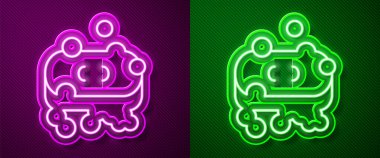 Pembe ve yeşil arkaplanda izole edilmiş köpük ikonlu parlak neon çizgi sabun. Köpüklü sabun çubuğu. Vektör.