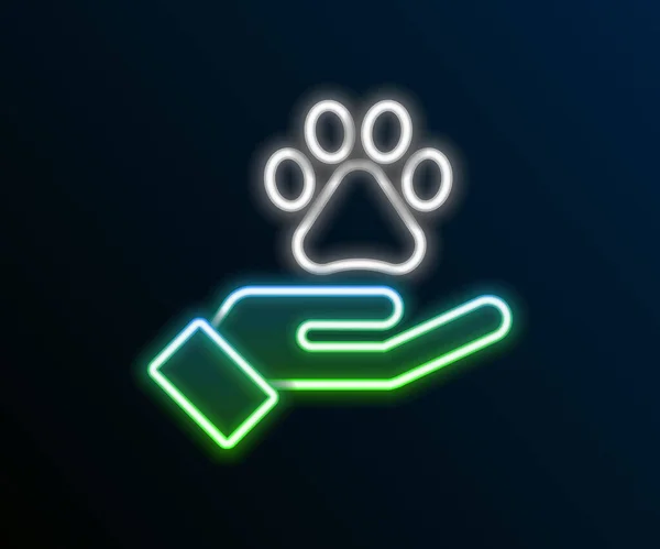 Leuchtende Leuchtlinien Hände Mit Tieren Fußabdruck Symbol Isoliert Auf Schwarzem — Stockvektor