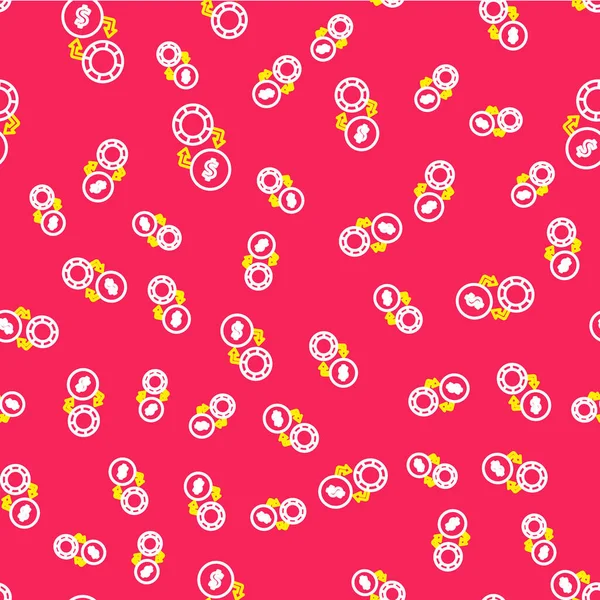 Line Casino çipleri dolar yığınları üzerinde değiş tokuş yapıyor. İkona kırmızı arka planda izole edilmiş kusursuz desen. Vektör