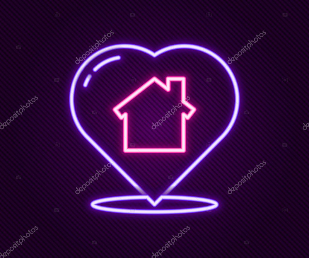 Glowing neon line House with heart shape icon isolated on black background. Love home symbol. Family, real estate and realty. Colorful outline concept. Vector