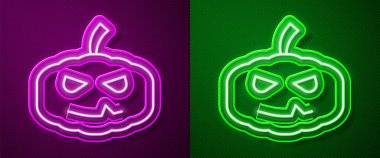 Pumpkin simgesi mor ve yeşil arkaplanda izole edilmiş parlak neon çizgisi. Mutlu Cadılar Bayramı Partisi. Vektör.