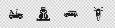 Çekici, kargo gemisi, Hatchback arabası ve Scooter ikonu ayarlayın. Vektör.