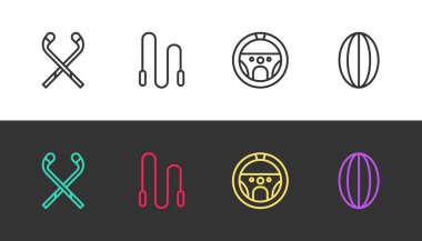 Buz hokeyi sopaları, zıplama halatı, direksiyon simidi ve rugby topu siyah beyaz. Vektör