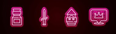 Şişe içinde Zehir, Hançer, Kale Kulesi ve Konum Kralı tacını hazırlayın. Parlayan neon ikonu. Vektör