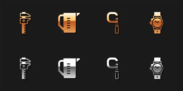 Set Calliper Schuifmaat Schaal Meetbeker Micrometer Polshorloge Pictogram Vector — Stockvector