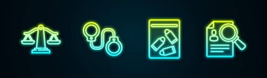 Adalet, kelepçe, kanıt torbası mermisi ve kağıt analizi büyütme. Parlayan neon ikonu. Vektör