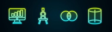 Çizgi bilgisayar monitörünü grafik grafiği, çizim pusulası, matematik setleri A ve B ve Geometrik figür ile ayarla. Parlayan neon ikonu. Vektör