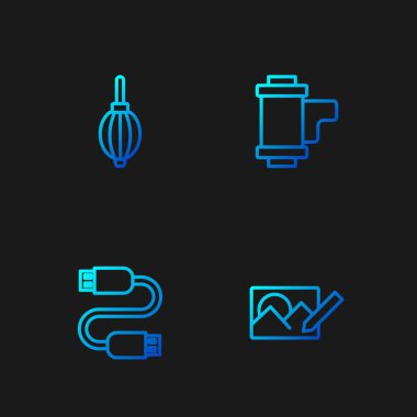 Hattı ayarla. Fotoğraf rötuşlama, USB kablosu, toz üfleyici ve kamera rulo kartuşu. Renk simgeleri. Vektör