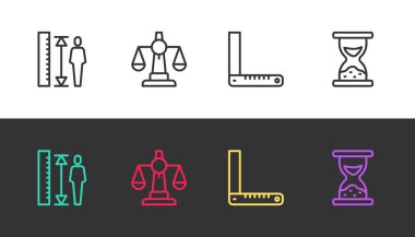 Çizgi, boy ölçme, adalet terazisi, köşe cetvel ve siyah ve beyaz üzerine kum olan eski kum saati. Vektör