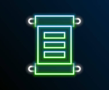 Parlayan neon çizgisi Kararname, kağıt, parşömen, parşömen simgesi siyah arkaplanda izole edilmiş. Renkli taslak konsepti. Vektör.