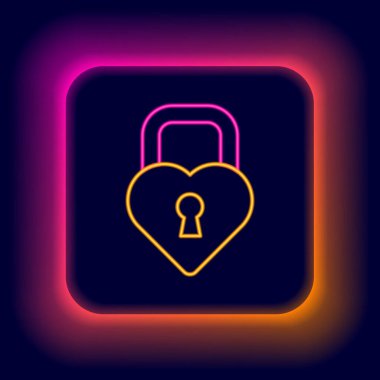 Siyah arkaplanda izole edilmiş kalp simgesi şeklinde parlayan neon hattı Castle. Kilitli Kalp. Aşk sembolü ve anahtar deliği işareti. Renkli taslak konsepti. Vektör.