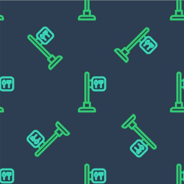 Line Cafe ve restoran konumu ikonu mavi arka planda izole edilmiş pürüzsüz desen. Noktanın içinde çatal ve kaşık yeme işareti var. Vektör..