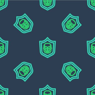 Korsan kafatası ikonuna sahip çizgi kalkanı mavi arka planda izole edilmiş kusursuz desen. Vektör.