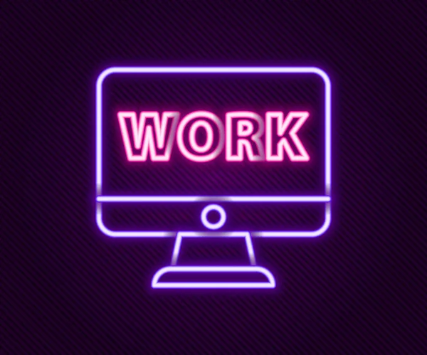 Świecący Neon Linii Monitor Komputerowy Ikoną Pracy Tekstu Izolowane Czarnym — Wektor stockowy