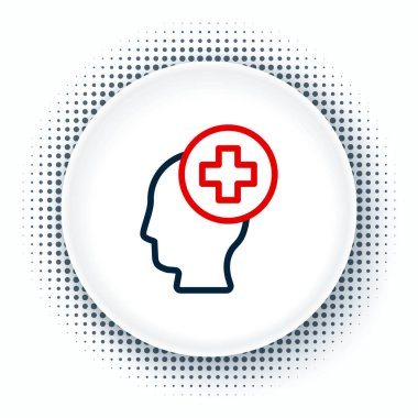 Beyaz arka planda hastane ikonu olan çizgi erkek kafası. Akıl sağlığı, sağlık ve sağlık sigortası olan bir kafa. Renkli taslak konsepti. Vektör.