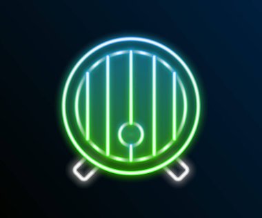 Parlayan neon hattı ahşap varil ikonu siyah arka planda izole edildi. Alkol fıçısı, içki kabı, bira için tahta fıçı, viski, şarap. Renkli taslak konsepti. Vektör.