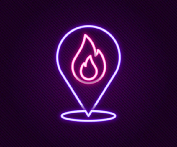 Zářící Neonová Čára Ukazatel Mapy Ikonou Požárního Plamene Izolovaný Černém — Stockový vektor