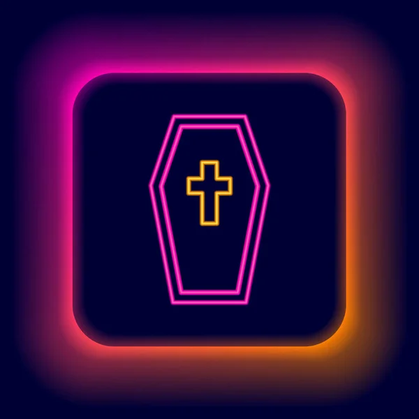 Glödande Neon Linje Coffin Med Kristet Kors Ikon Isolerad Svart — Stock vektor