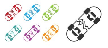 Siyah kırık kaykay simgesi beyaz arka planda izole edildi. Olağanüstü bir spor. Spor malzemeleri. Simgeleri renklendirin. Vektör.