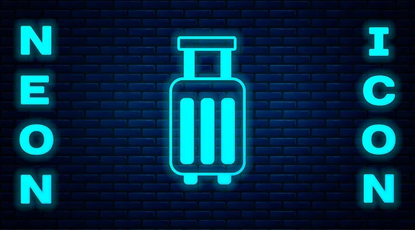 Glowing Neon Suitcase Travel Icon Isolated Brick Wall Background Traveling — Stock Vector