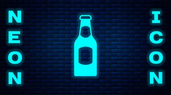 Icono Botella Cerveza Neón Brillante Aislado Fondo Pared Ladrillo Vector — Vector de stock