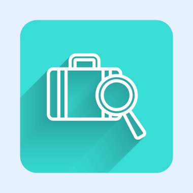 White Line Havayolları kayıp bagaj simgesini uzun gölgeli bir şekilde bulma servisi. Bagajları arayın. Yeşil kare düğmesi. Vektör.