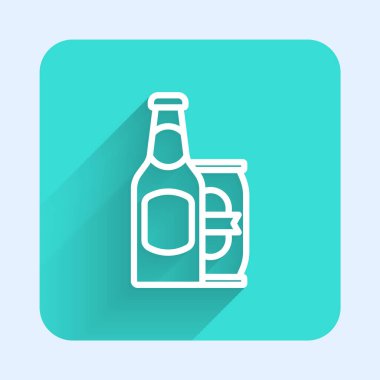 Beyaz çizgili bira şişesi ve uzun gölgeli bira kutusu ikonu. Yeşil kare düğmesi. Vektör.