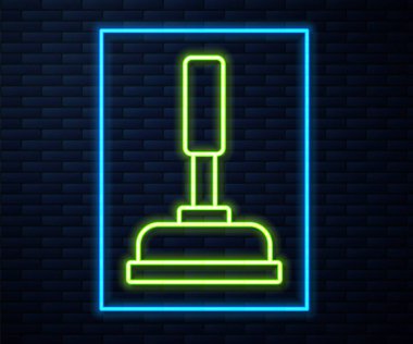 Duvarın arka planında izole edilmiş boru temizleme ikonu için ahşap saplı parlak neon çizgili lastik pompa. Tuvalet pompası. Vektör.