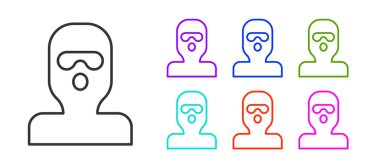 Beyaz arka planda siyah çizgi Hırsız maskesi simgesi izole edildi. Haydut maskesi, suçlu adam. Simgeleri renklendirin. Vektör.