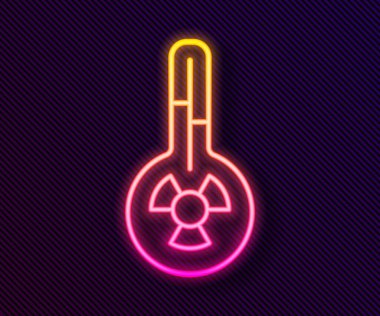 Parlayan neon hattı Meteoroloji termometresi, siyah zeminde izole edilmiş ısı ve soğuk ikonu ölçüyor. Termometre termometresi sıcak ya da soğuk hava gösteriyor. Vektör.