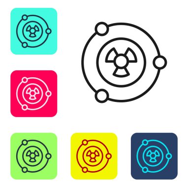 Siyah çizgi Radyoaktif simgesi beyaz arkaplanda izole edildi. Radyoaktif zehirli sembol. Radyasyon tehlikesi işareti. Renkli kare düğmelerle simgeleri ayarla. Vektör.