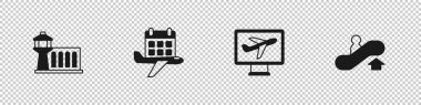 Havaalanı kontrol kulesi, takvim ve uçak, Uçak ve Yürüyen merdiven ikonunu ayarlayın. Vektör.