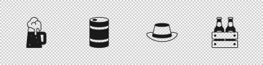 Tahta bira bardağı, metal fıçı, Oktoberfest şapkası ve bir paket şişe ikonu. Vektör.