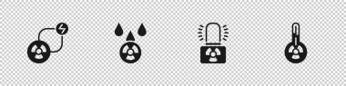Radyoaktif değişim enerjisi, asit yağmuru ve radyoaktif bulut, uyarı lambası ve meteoroloji termometre ikonunu ayarla. Vektör.