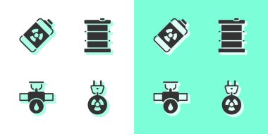 Radyasyon elektrik prizini, nükleer enerji bataryasını, sanayi borusunu, vanayı ve radyoaktif atığı varil simgesine yerleştir. Vektör.