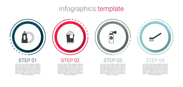 设置洗涤液瓶 泡沫水桶 空气清新剂喷雾和刷子清洁 业务信息模板 — 图库矢量图片
