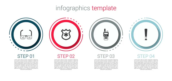 Ustaw Okulary Ochronne Odznakę Policyjną Krótkofalówkę Kij Baseballowy Szablon Infograficzny — Wektor stockowy