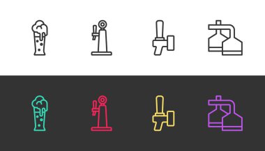 Bardak bardak bira, bira musluğu ve bira demleme işlemini siyah beyaz ayarla. Vektör.