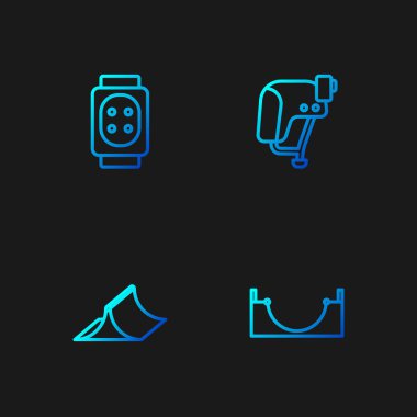 Çizgili kaykay parkı, dizlikler ve kaykay kaskı. Renk simgeleri. Vektör.