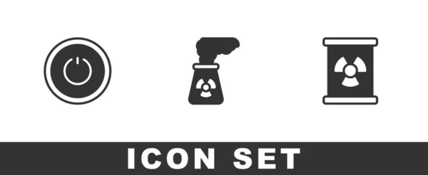 Instellen Power Knop Kerncentrale Radioactief Afval Vat Pictogram Vector — Stockvector