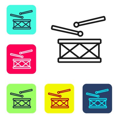 Beyaz zemin üzerinde baget çubuğu simgesi olan siyah çizgili Drum. Müzik işareti. Müzik aleti sembolü. Renkli kare düğmelerle simgeleri ayarla. Vektör