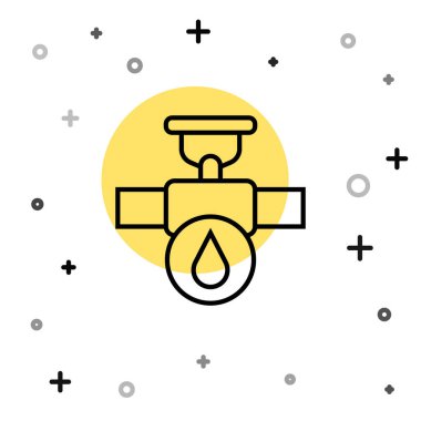 Siyah çizgi endüstrisi metalik boru ve kapakçık simgesi beyaz arka planda izole edildi. Rastgele dinamik şekiller. Vektör