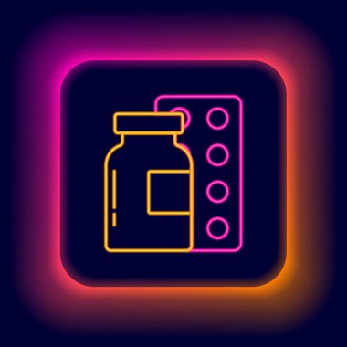Parlayan neon çizgisi hapları siyah arka planda izole edilmiş. İlaç paketi. Tablet, vitamin, antibiyotik, aspirin. Renkli taslak konsepti. Vektör