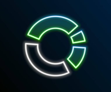 Parlayan neon hattı pasta grafiği bilgi simgesi siyah arkaplanda izole edildi. Diyagram çizelgesi. Renkli taslak konsepti. Vektör