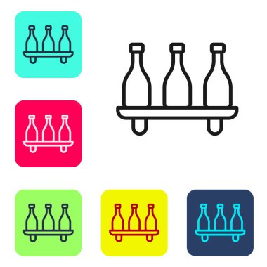 Beyaz arka planda izole edilmiş siyah çizgi şarap ikonu. Şarap çeşitleri. Renkli kare düğmelerle simgeleri ayarla. Vektör