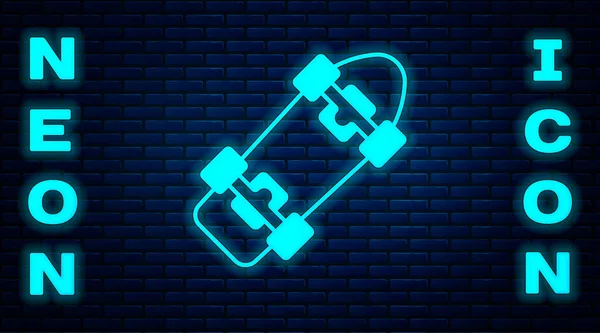 Glowing Neon Skateboard Icon Isolated Brick Wall Background Extreme Sport — Stock Vector